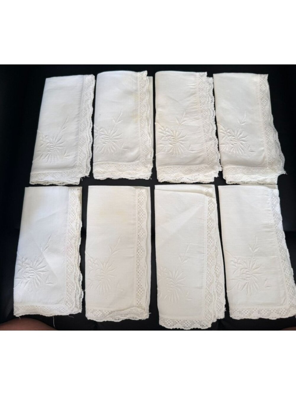Vintage Hand Embroidered White Linen Napkins Set 8 Chrysanthemum Crochet Lace 16
